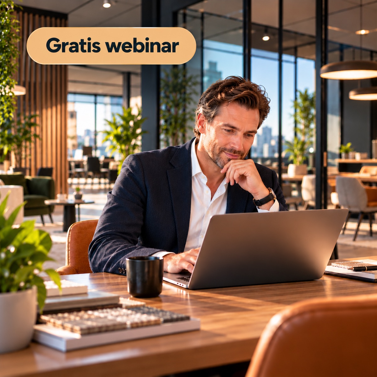 Verkoper in een moderne kantoorinrichting werkt met AI op zijn laptop